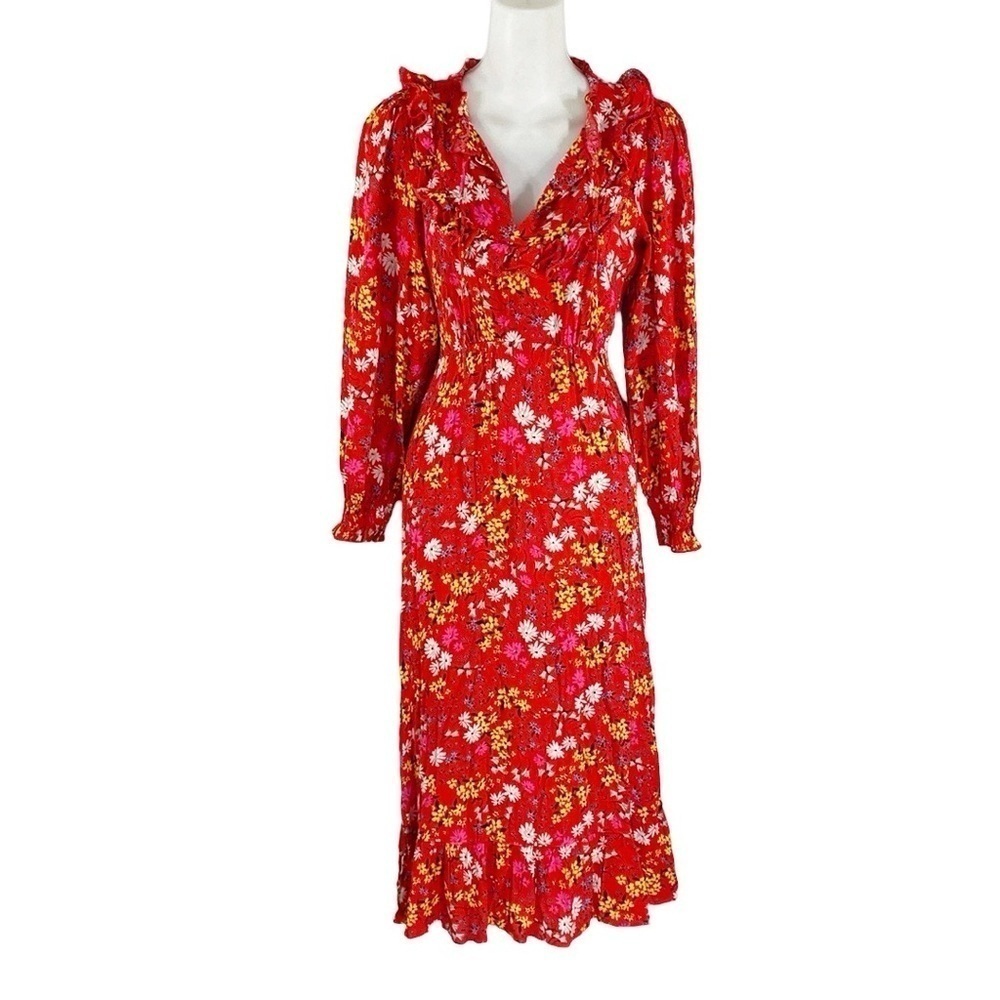 Oliver Bonas Floral Print & Frilled Bib Trim Red Midi Dress 2 EE29 - Picture 5 of 16